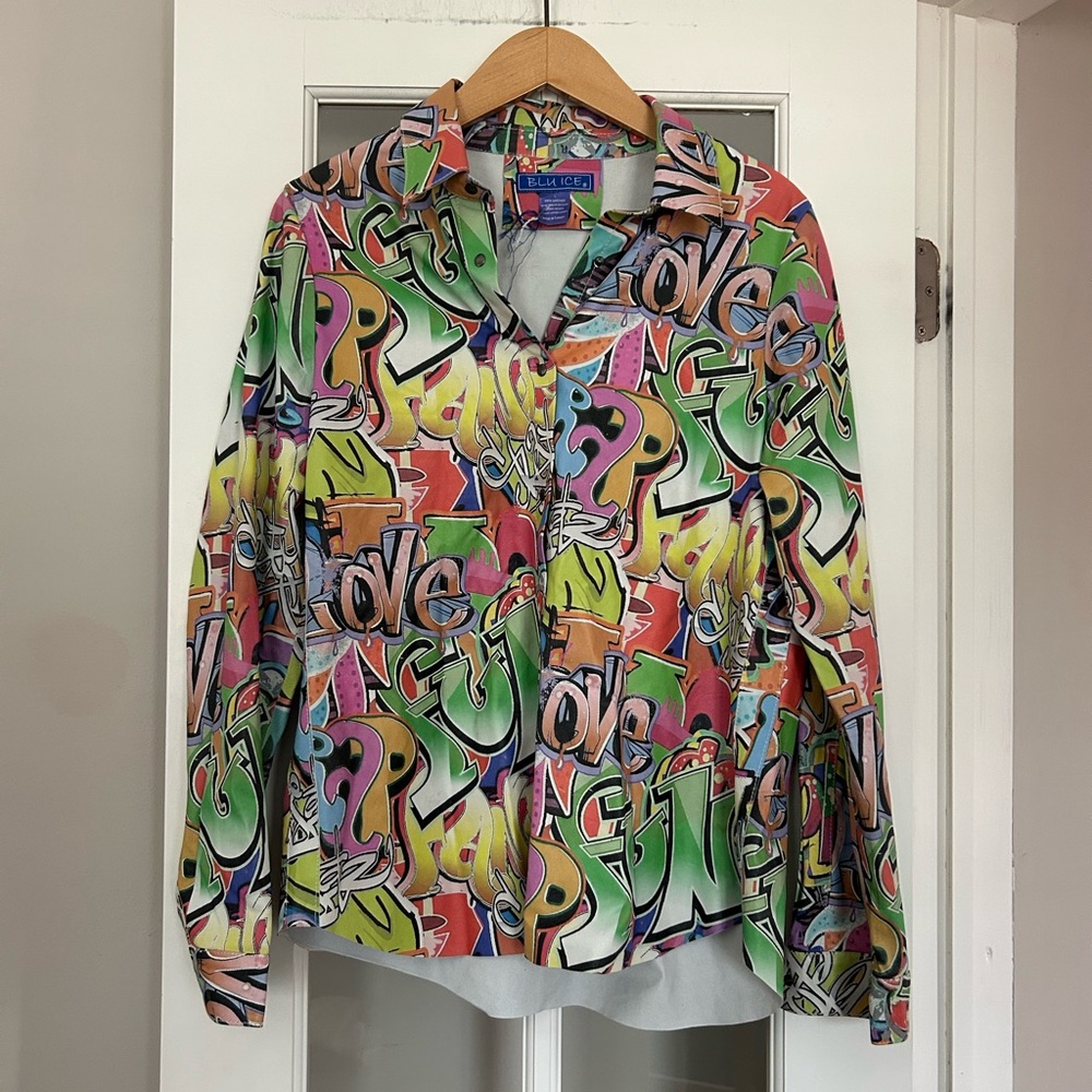 Blue Ice Rainbow Multicolor Graffiti 100% Leather Jacket Button Up Shirt Size L